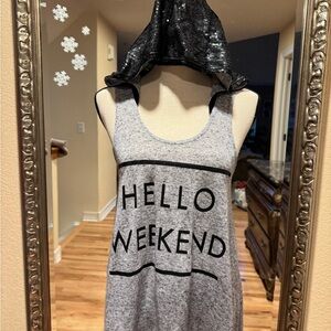 Gray/ Navy blue Sleeveless 'Hello Weekend' Top with hoodie